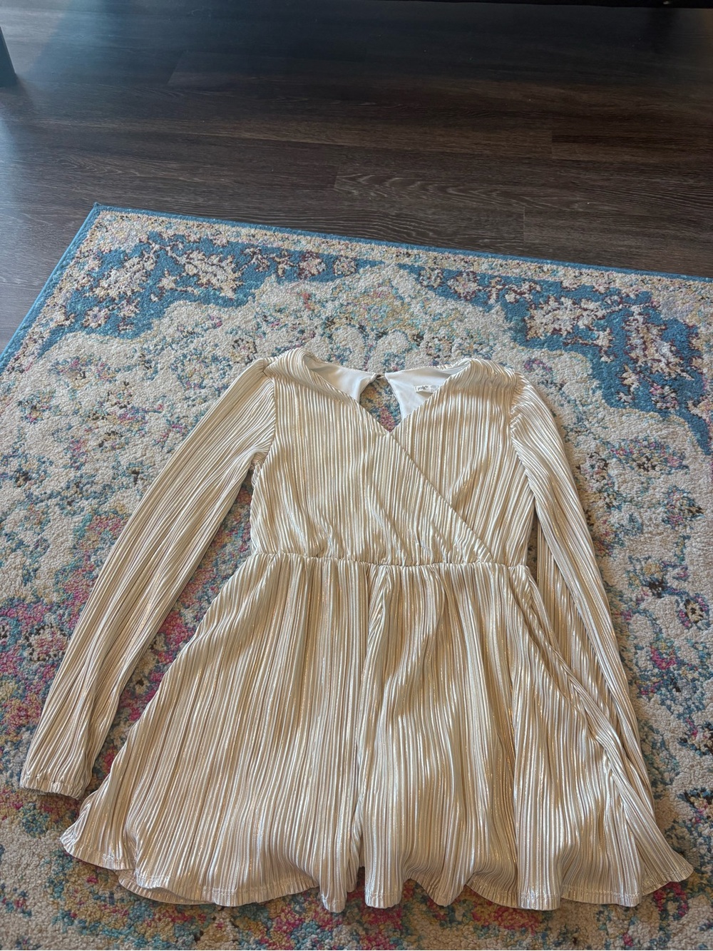 Jolt Champagne Metallic Pleated Long Sleeve Skater Dress